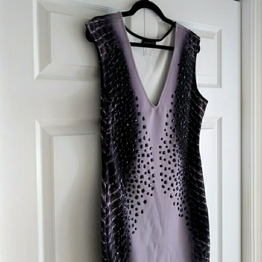Venus sleeveless dress, size 12, mauve with black croc print and black stones.